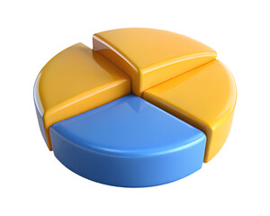 3d rendering of a stylized pie chart with blue and yellow segments representing data analysis and business graphics