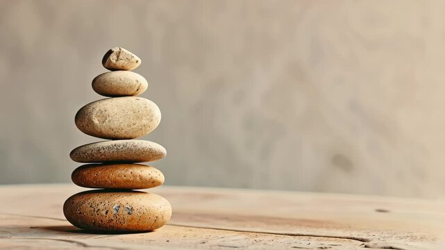 A stack of rocks on a table. The rocks are of different sizes and are arranged in a pyramid shape. Concept of stability and balance, as the rocks are stacked neatly on top of each other