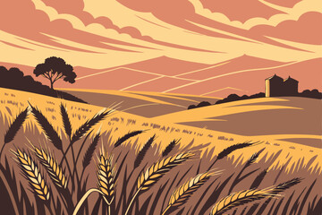 13 golden wheat field in the foreground, rolling hills in the distance, dramatic sunset sky with warm colors, silhouetted silos in the background, beautiful natural landscape, cinematic, highly detail