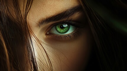Closeup dramatic portrait of a woman with vivid green eyes and brown hair art girl face look gaze