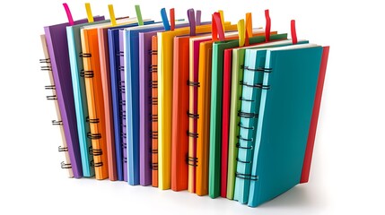 Naklejka premium A tall pile colorful notebooks arranged neatly, isolated on a clean white background, perfect for an educational theme