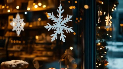 Festive pastry shop window display with hanging snowflakes and soft bokeh lights, displaying sweets and cakes for holiday season. - Powered by Adobe