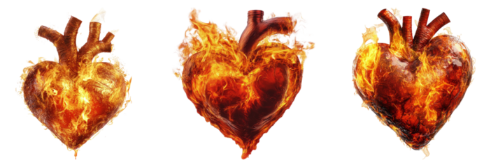 Flaming Heart Illustrations with Vivid Flames and Realistic Texture Isolated Transparent Background