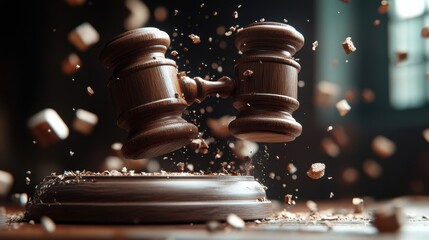 A playful 3D caricature of a judge gavel bouncing up and down, causing exaggerated chaos