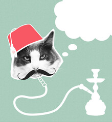 Angora cat wearing fez hat and moustache smoking shisha. Halftone vintage collage with thinking bubble. Use for travel banner, open hours for shisha bar