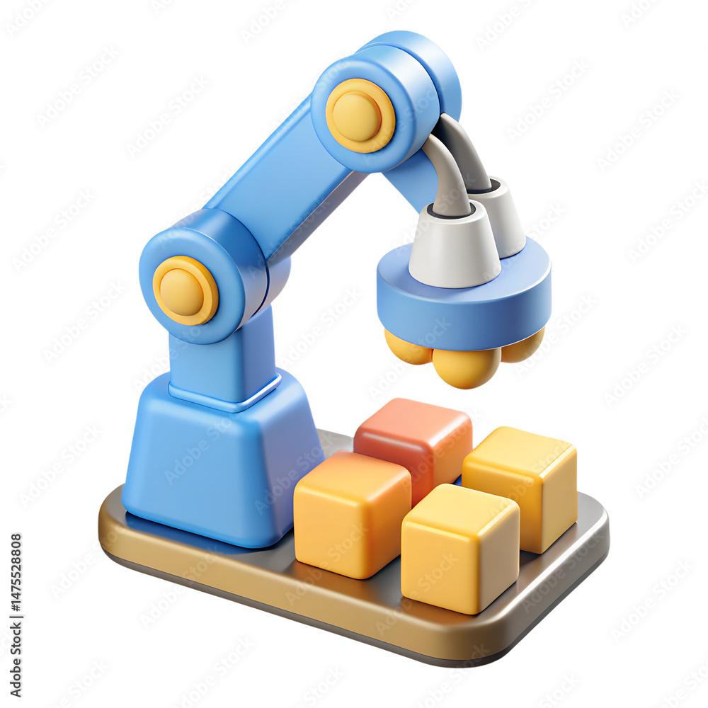 Poster a conceptual 3d rendering icon featuring an automated robotic arm processing colored cubes against l
