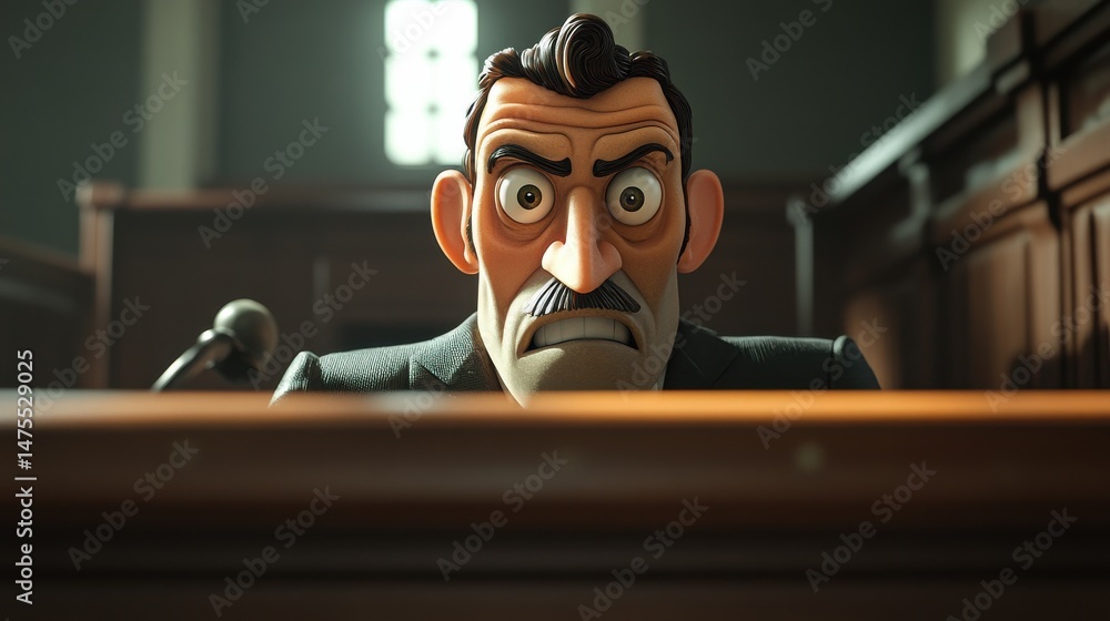 Poster a playful 3d caricature of a criminal trying to hide behind a tiny object in a courtroom