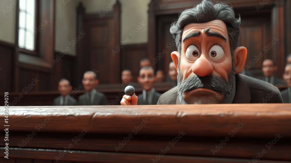 Poster a playful 3d caricature of a criminal trying to hide behind a tiny object in a courtroom