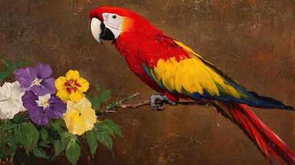 Scarlet Macaw  Flowers Painting.