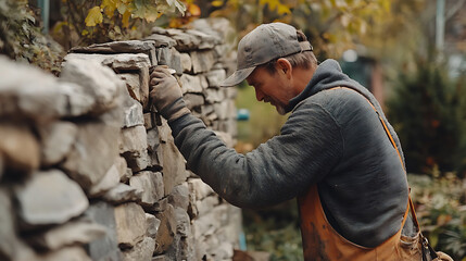 Naklejka premium Man Constructing a Stone Wall
