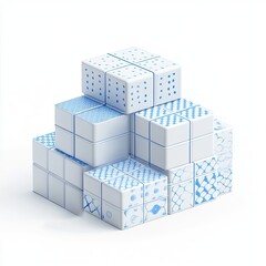 Stacked white cubes with light blue patterns