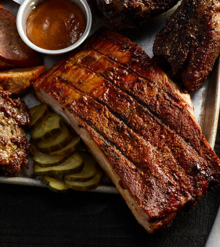 Closeup of Ribs on BBQ platter