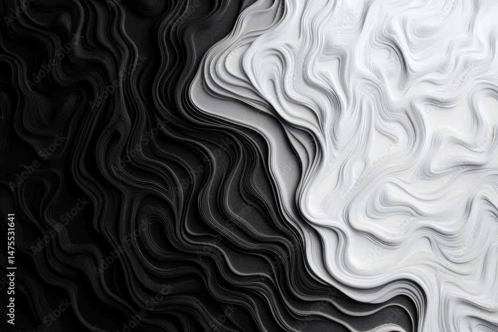 Poster Dissolving transition from deep black to soft light grey featuring fluid patterns, Dissolving transition vom black to light grey