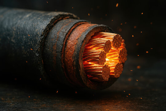 C&acirc;ble &eacute;lectrique industriel sectionn&eacute; avec brins de cuivre incandescents et gaine endommag&eacute;e