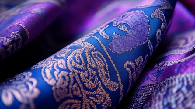 Detailed shot of folded rich blue and purple fabric with intricate floral and geometric gold pattern texture background.
