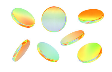 3d glass disk shape hologram effect. Render abstract neon orange green coin set. Fly round podium, disc, badge, lens, plate crystal isolation. Y2k hologram shape. Vector trendy illustration