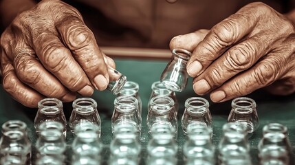 Elderly Hands Assembling Small Vials.
