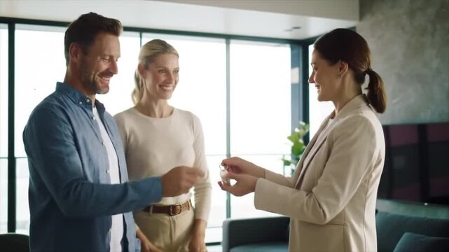 During a property tour in a stylish urban apartment, a friendly agent explains key features to a couple. They show interest in the space and discuss potential options