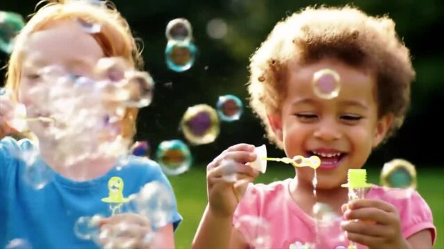 happy little girls playing with soap bubbles blowing in park children having fun summer day friends playing bubble popping game outdoors enjoying childhood freedom