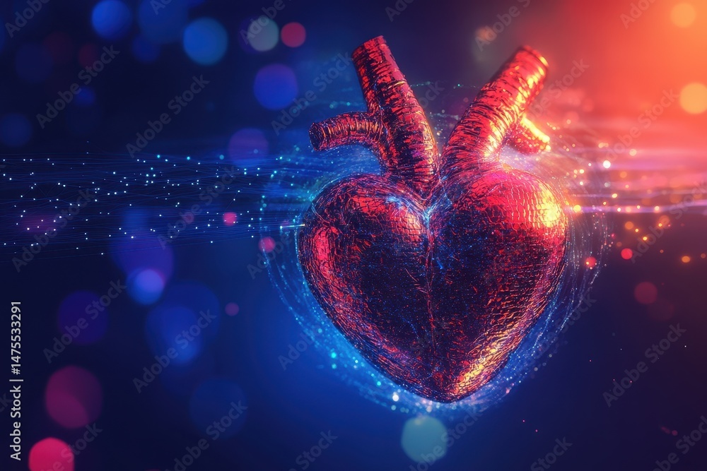 Poster Abstract representation of heart movement surrounded by vibrant light effects, heart movement with abstract light background