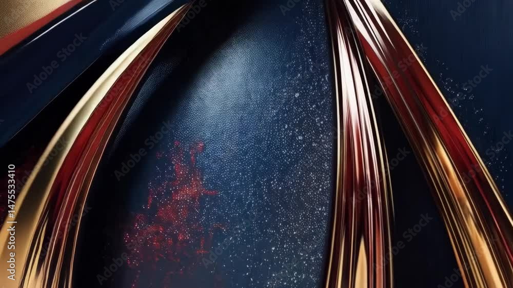 Poster abstract flowing ribbons of gold, crimson red, and deep blue hues merging into a dynamic swirling pa