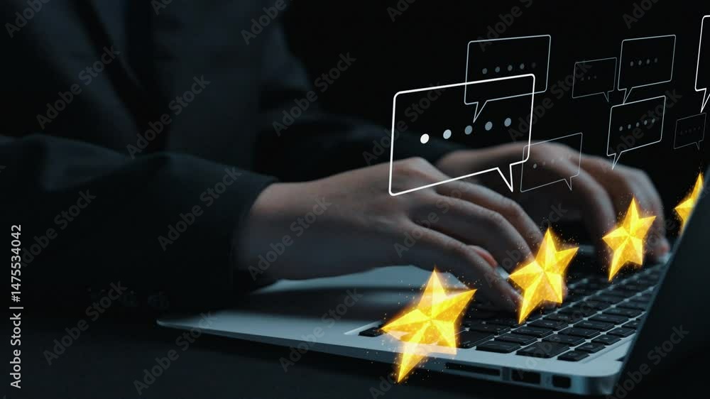 Poster a close-up shot of hands typing on a laptop keyboard, surrounded by floating stars and speech bubble