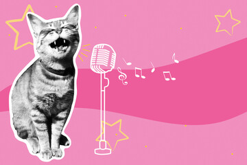 Cat singing at microphone decorated with naive doodle elements. Halftone pop art collage with copy space.