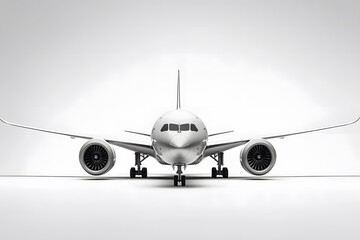 Fototapeta premium Front view of a passenger airplane with white background in a studio shot with landing gear down