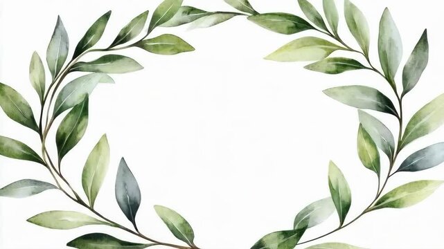 Watercolor wreath with delicate green leaves and branches on a white background, forming an elegant natural circle for design projects.