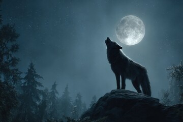 Silhouette of a wolf howling at the moonlit night.