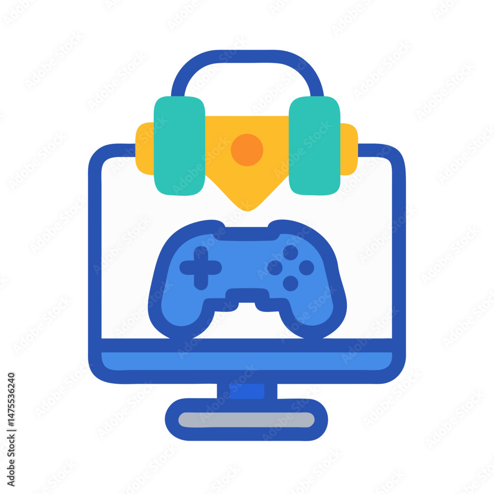 Poster gaming computer icon with headset and controller