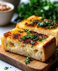 Deliciously toasted bread, perfectly golden and crispy, topped with fresh herbs. This tempting dish is a delightful addition to any meal, showcasing inviting flavors and textures.