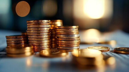 Close-up view of shiny golden coins stacked in a pile, reflecting light. The background is blurred, adding a sense of luxury and wealth, ideal for financial concept visuals.