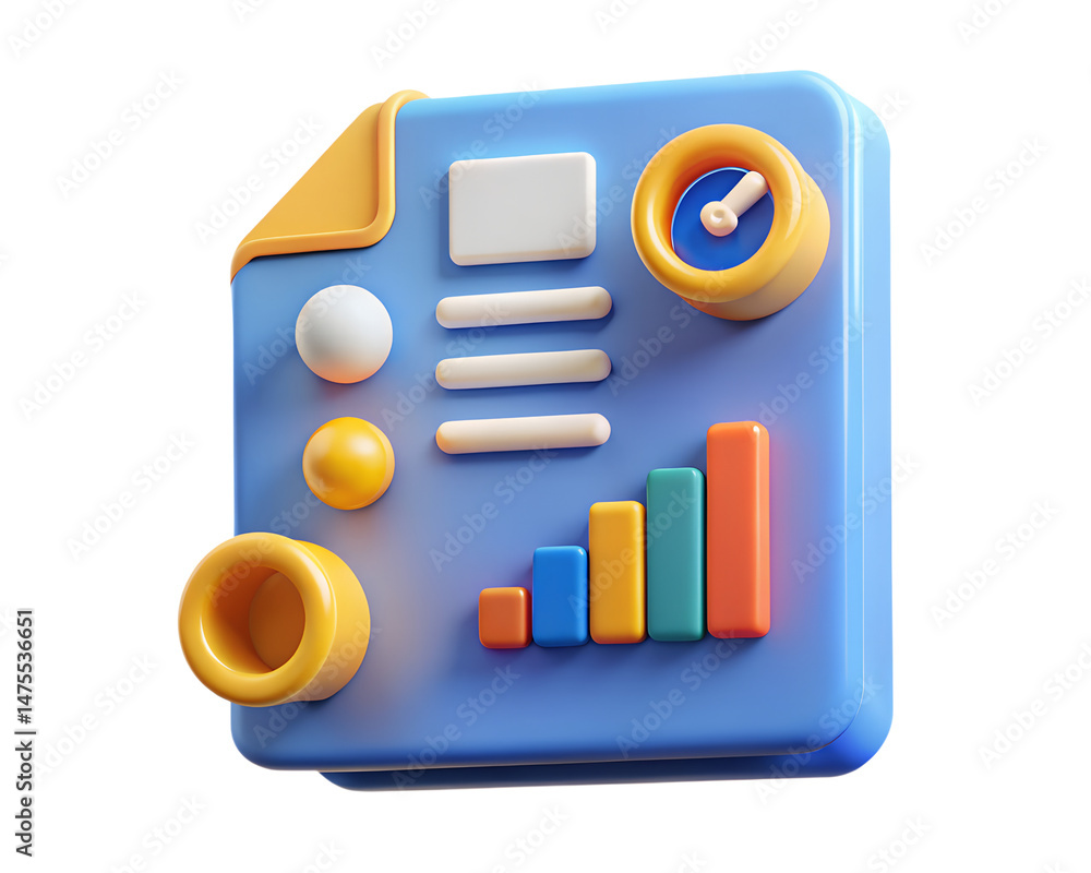 Poster modern 3d rendering icon of a financial document illustrating business analytics with vibrant colore