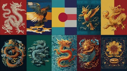 A decorative pattern of various mythical creatures on color backgrounds.