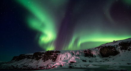 Winter Northern Lights Displayed Over Snowy Landscape With Icicles