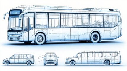 Blue wireframe bus & car models from side, front, showing design sketches