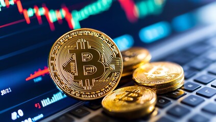 A close-up view of golden Bitcoin coins stacked on a laptop keyboard, with digital financial charts and graphs in the background, symbolizing cryptocurrency and investment trends.