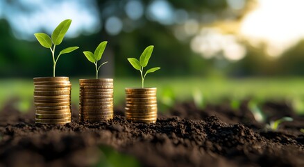 A symbolic representation of sustainable growth, featuring green seedlings emerging from stacks of coins, illustrating the connection between nature and financial prosperity.