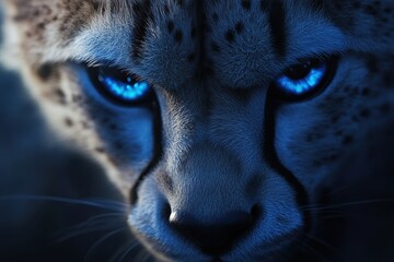 Obraz premium Striking close-up of a wild cheetah with captivating blue eyes in a natural habitat, The blue eyes of th wild animal cheetah as seen on a closer look AI generated
