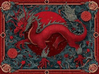 Intricate illustration of a mythical red dragon.
