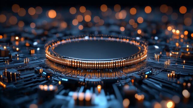 Close-up view of a futuristic circuit board illuminated by glowing lights, showcasing intricate details of electronic components in a dramatic design, ideal for tech enthusiasts.
