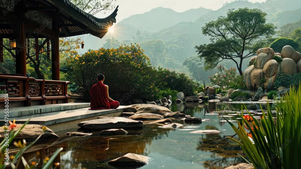 Poster a man in a red robe sits in front of a building with a pond in the background. the scene is peaceful