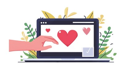 Online charity and donation concept with hand giving heart through laptop screen with decorative plants