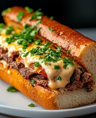 A delicious, mouth-watering sandwich filled with tender beef and topped with savory cheese and fresh herbs, perfect for a satisfying meal or snack