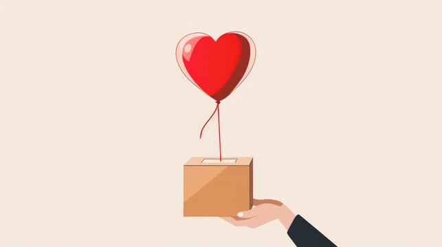 Hand holding cardboard box with heart shaped balloon on beige background concept of love delivery