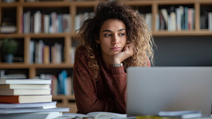 A pensive woman sits in the library, lost in thought while using a laptop with a pile of books.