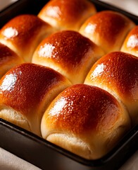 Delicious golden-brown dinner rolls baked to perfection, soft and fluffy texture, ideal for side dishes or holiday meals, served fresh in a black baking dish.