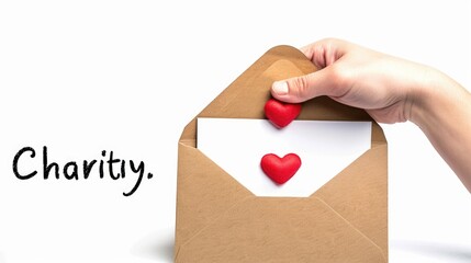 Human hand holding brown envelope with red heart and charity concept on white background