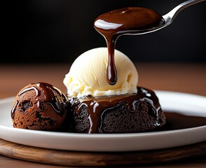 Indulge in a decadent dessert featuring warm chocolate cake topped with vanilla ice cream, drizzled with rich chocolate sauce, perfect for satisfying any sweet craving.